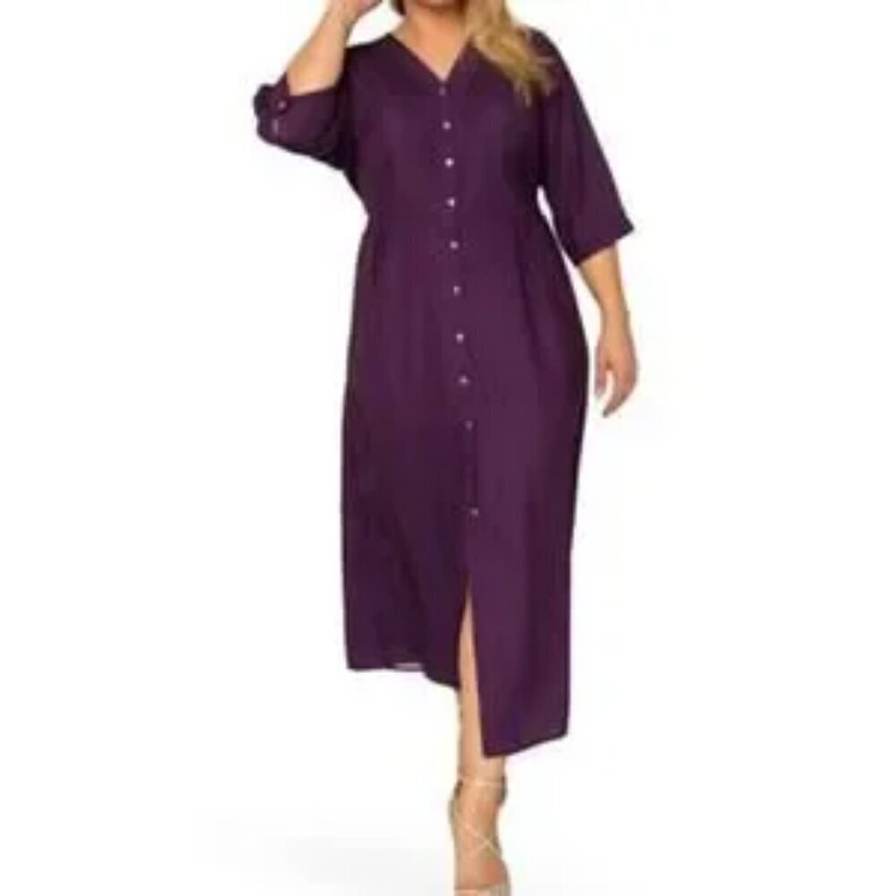 Standards & Practices Womens size 1X dress deep purple pintuck cuffed maxi NEW